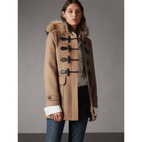 burberry fur trim wool duffle coat|burberry duffle coat for women.